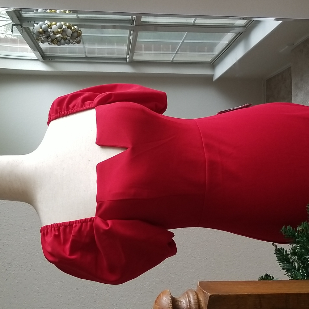 Red Mini Dress with Puff Sleeves & V Wire Neckline - NWT - Picture 2 of 16
